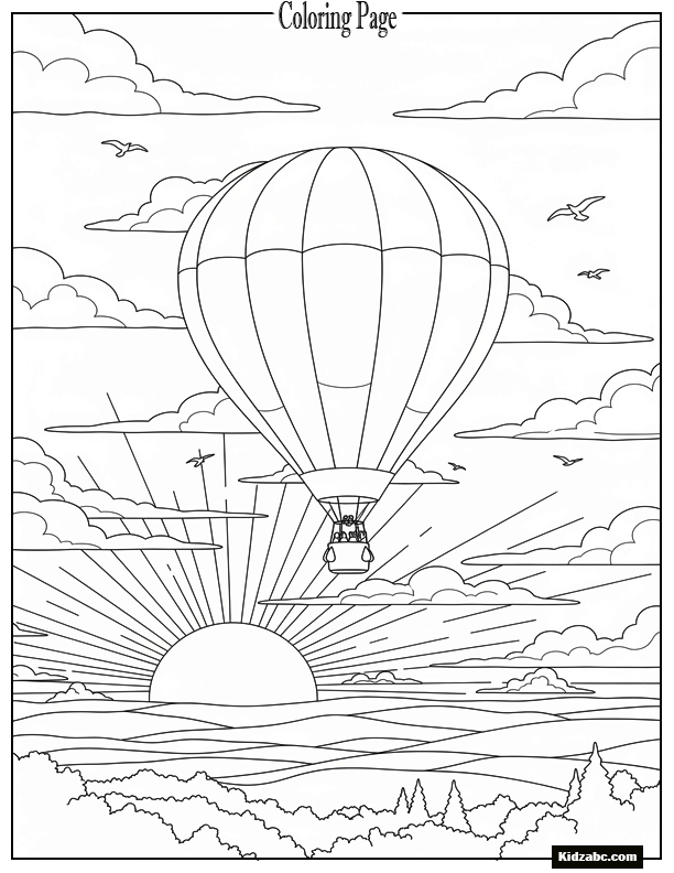 Sunset with hot air balloon silhouette drifting above