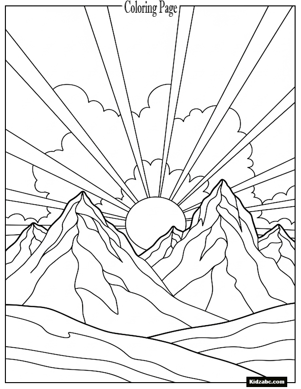 Sunset with mountain peaks and simple cloud rays