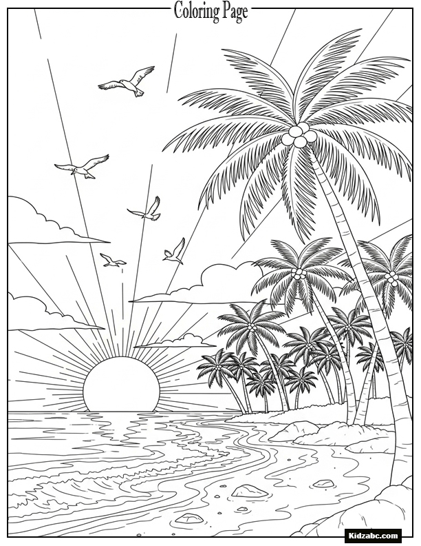 Sunset with palm-lined coast and birds soaring