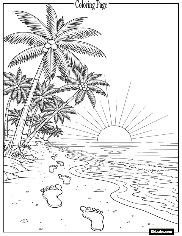Sunset with palm trees, sandy beach, and footprints