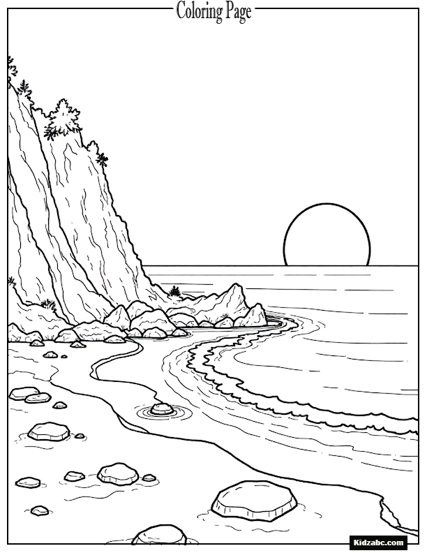 Sunset with rocky coastline and crashing waves
