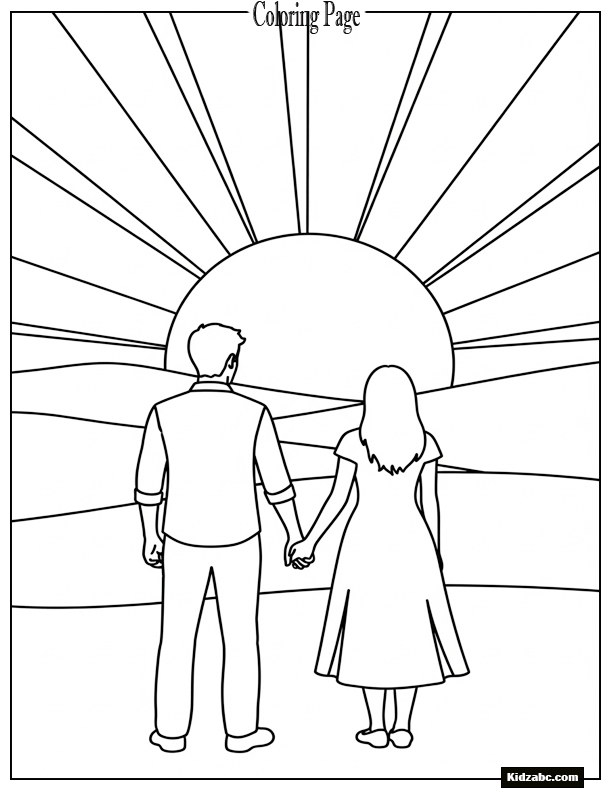 Sunset with silhouette of couple holding hands