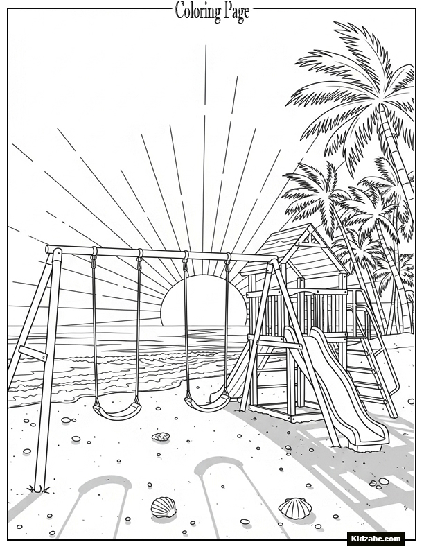 Sunset with swingset silhouette along beach