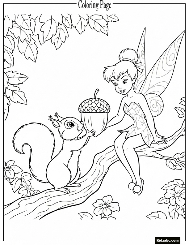 Tinkerbell and a squirrel sharing an acorn
