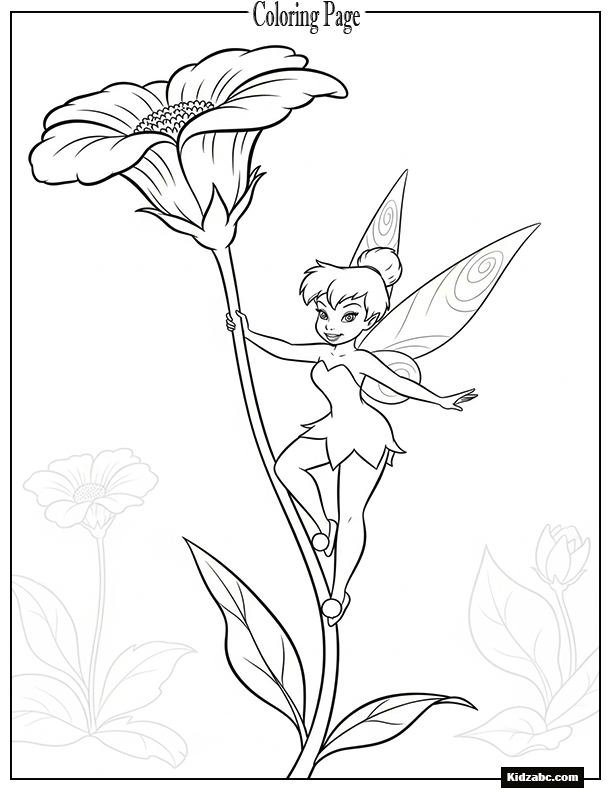 Tinkerbell balancing on a flower stem with a playful smile