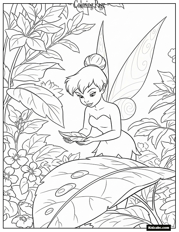 Tinkerbell collecting morning dew in a leaf cup
