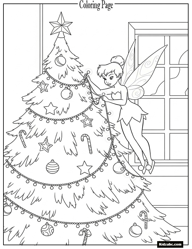 Tinkerbell decorating a Christmas tree with tiny lights