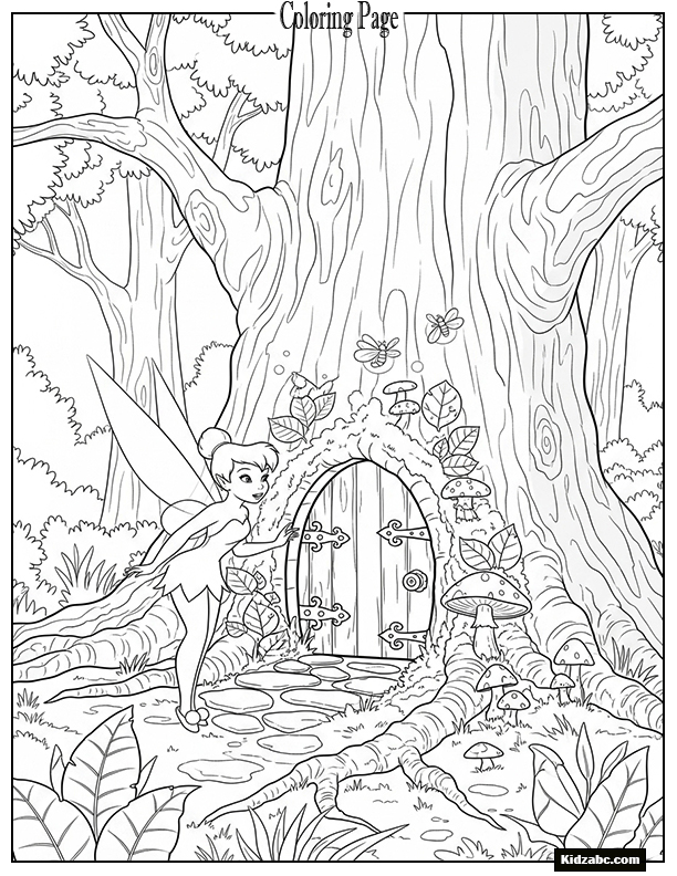 Tinkerbell discovering a hidden fairy door in a tree
