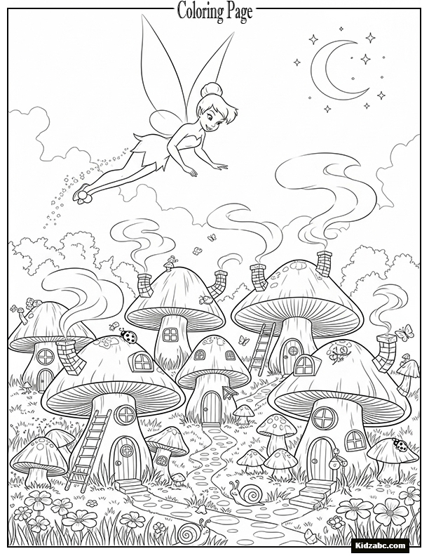 Tinkerbell flying above a mushroom village