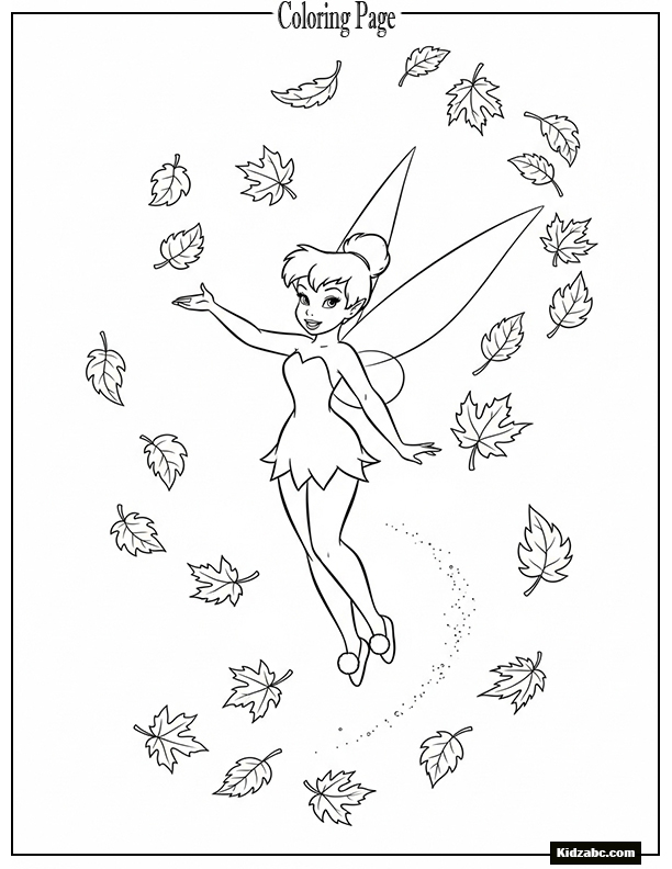 Tinkerbell flying among falling autumn leaves