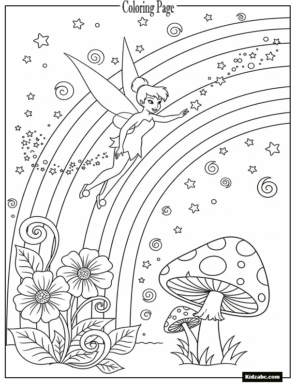 Tinkerbell flying beside a rainbow arch