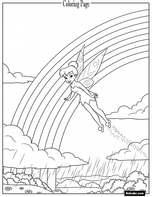 Tinkerbell flying near a rainbow after rain