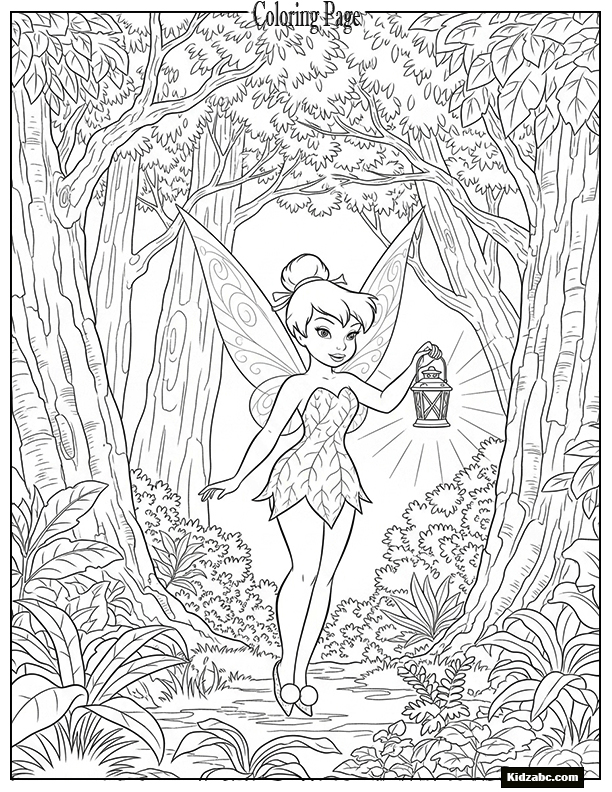 Tinkerbell holding a lantern in the dark woods