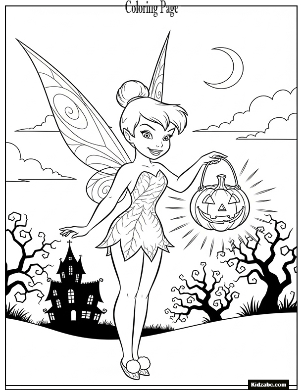Tinkerbell holding a pumpkin lantern for Halloween