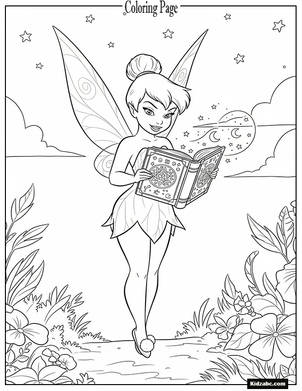 Tinkerbell holding an open book of spells