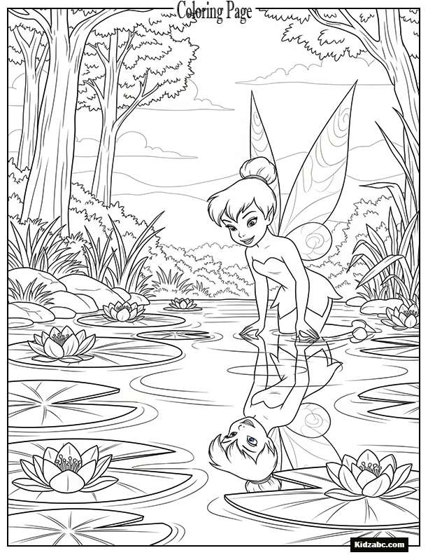 Tinkerbell looking at her reflection in a pond