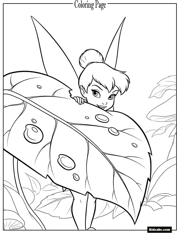 Tinkerbell peeking out from behind a leaf