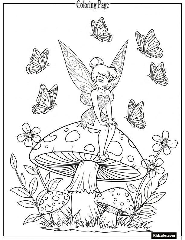 Tinkerbell sitting on a mushroom with butterflies flying around