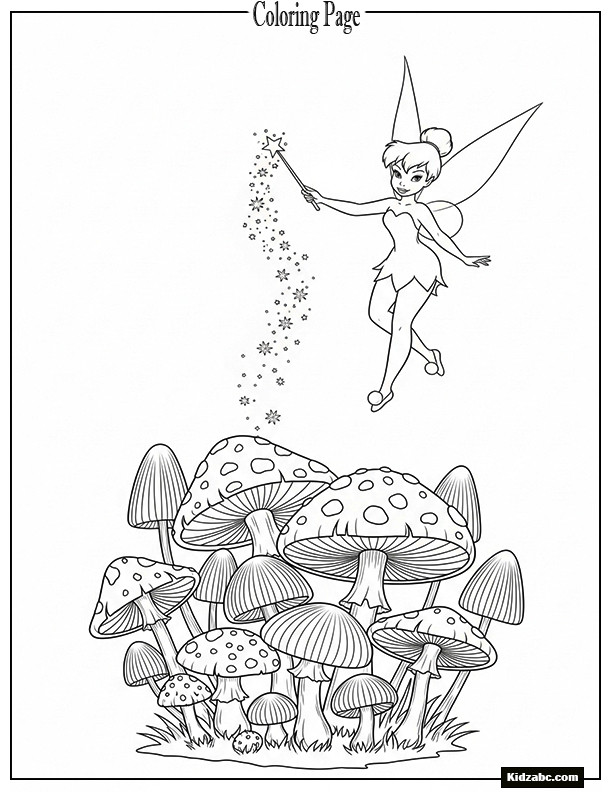Tinkerbell sprinkling fairy dust from her wand over mushrooms