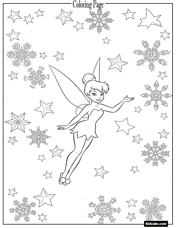 Tinkerbell surrounded by snowflakes and stars