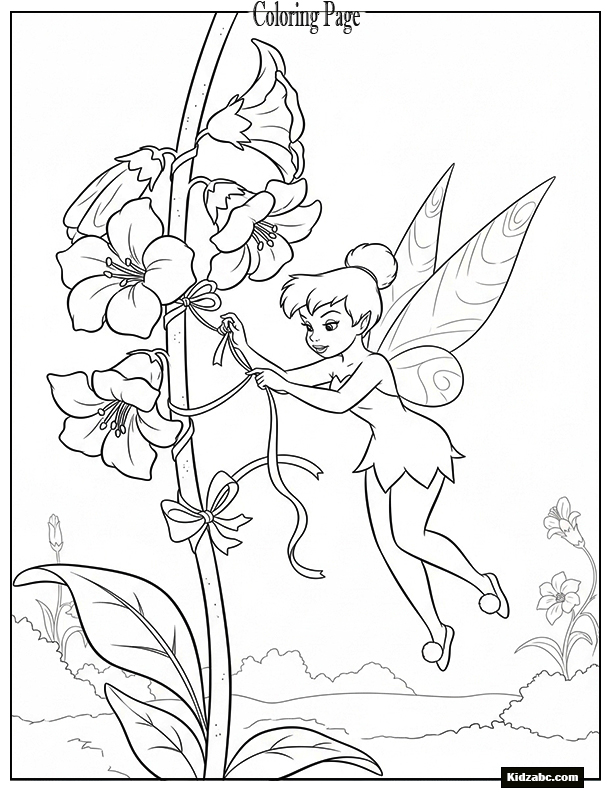 Tinkerbell tying a ribbon around a flower stem
