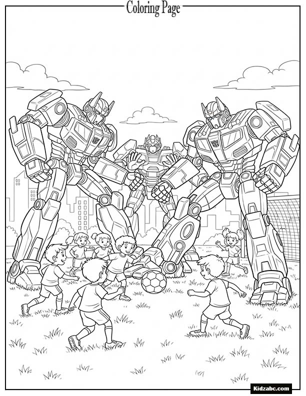 Transformers playing soccer with kids
