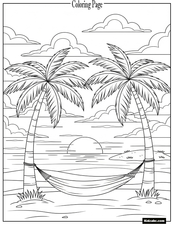 Tropical island sunset with palm and hammock scene