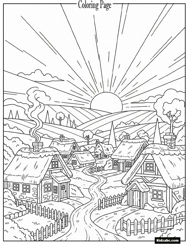 Village sunset with cottages and a glowing horizon
