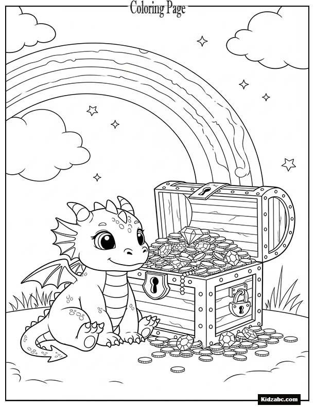 A baby dragon sitting near a rainbow treasure chest