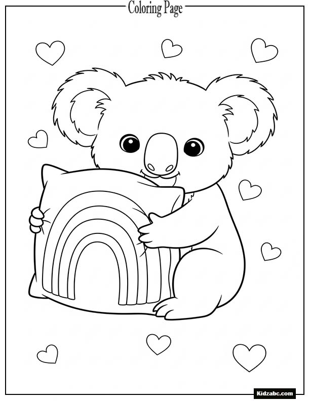 A baby koala hugging a rainbow pillow
