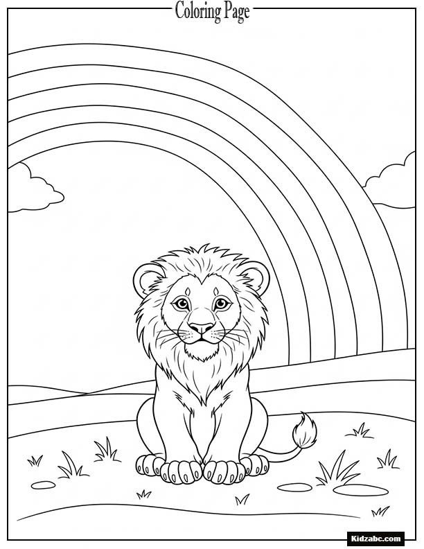 A baby lion sitting proudly under a rainbow