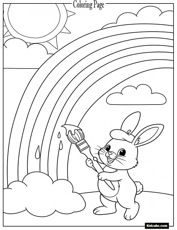 A bunny holding a paintbrush painting a rainbow