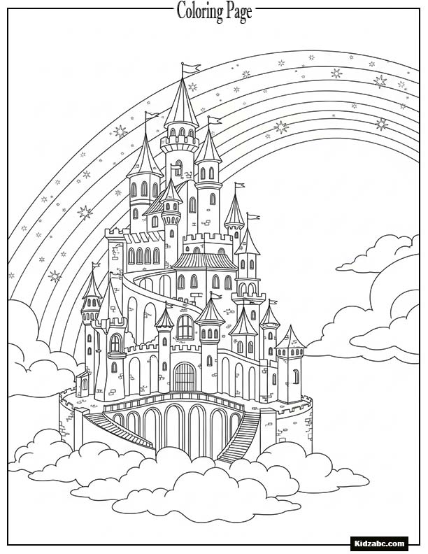 A castle floating under a shimmering rainbow