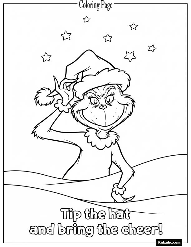 A cheerful version of the Grinch tipping his Santa hat