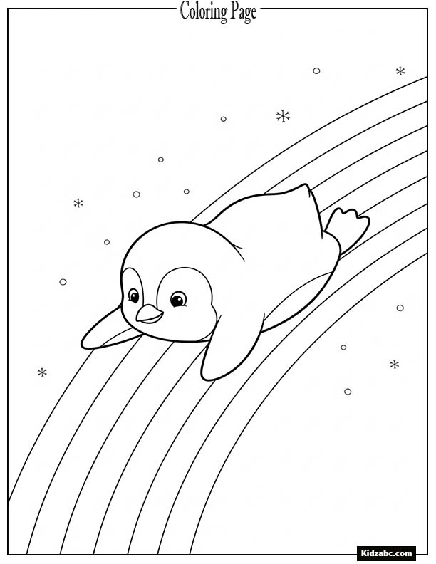 A chubby penguin sliding down a rainbow