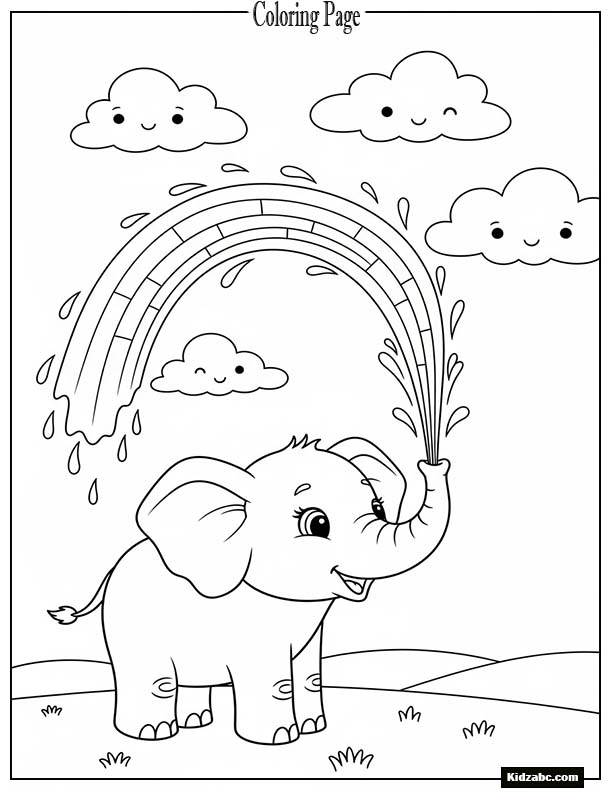 A cute baby elephant spraying rainbow