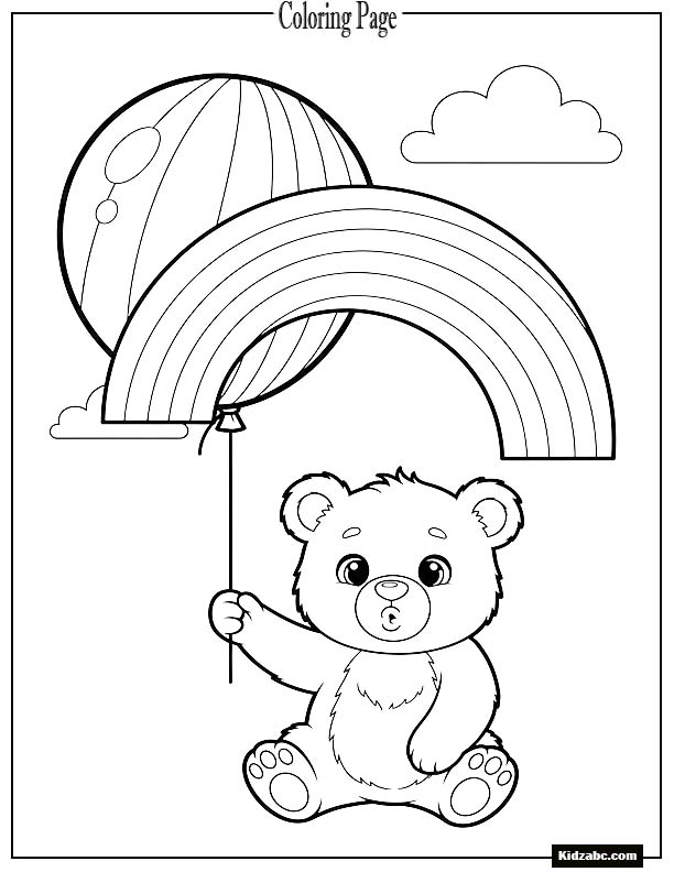A cute bear cub holding a rainbow balloon