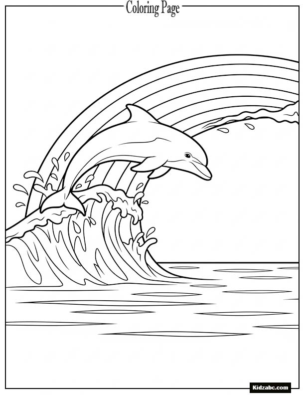 A dolphin leaping through a rainbow wave