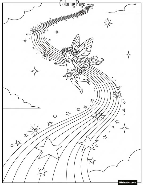 A fairy flying around a glowing rainbow path