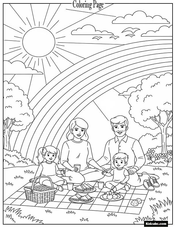 A family picnic under a rainbow