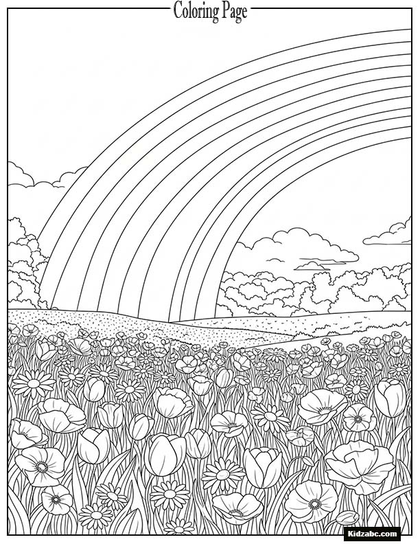 A giant rainbow arching across a meadow of flowers