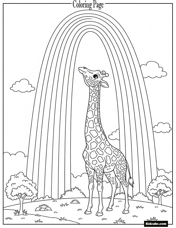 A giraffe looking up at a tall rainbow