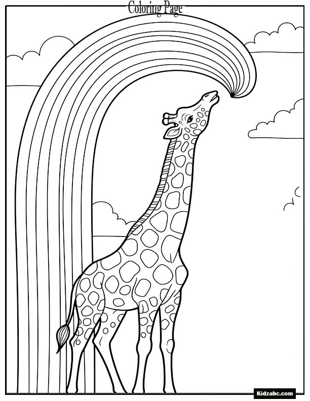 A giraffe stretching its neck to touch a rainbow