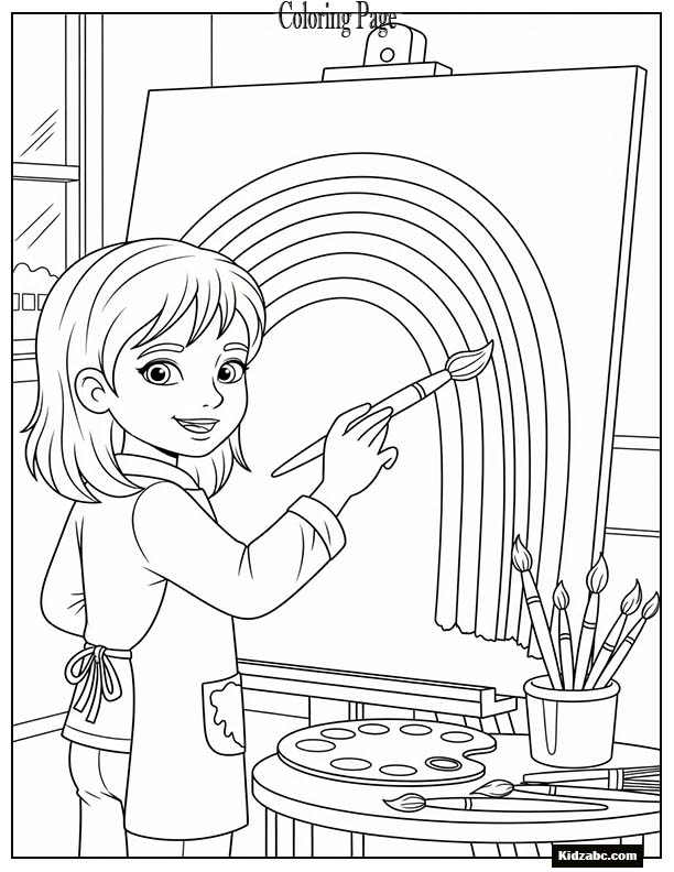 A girl painting a rainbow with a brush
