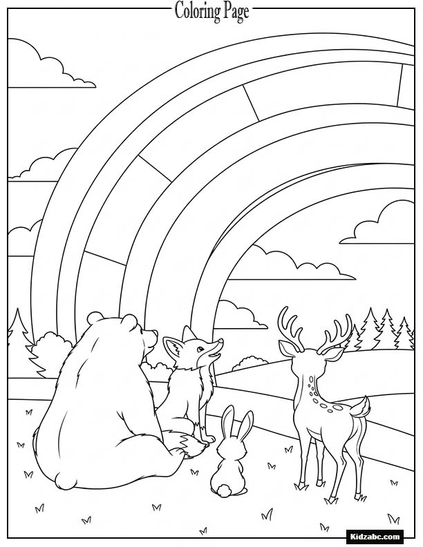 A group of happy forest animals watching a rainbow