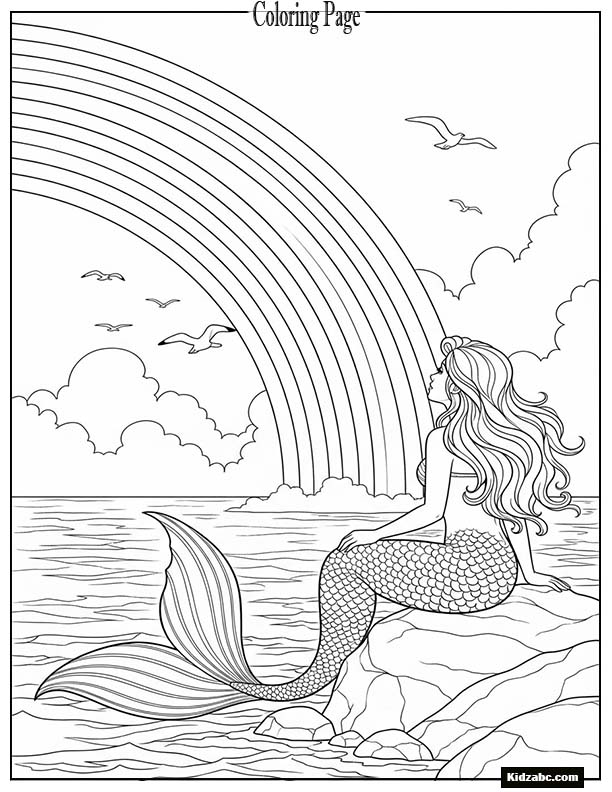 A mermaid gazing at a rainbow over the ocean