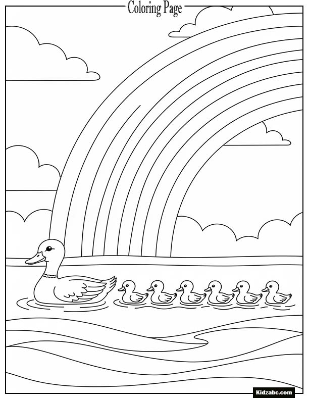 A mother duck and ducklings swimming under a rainbow