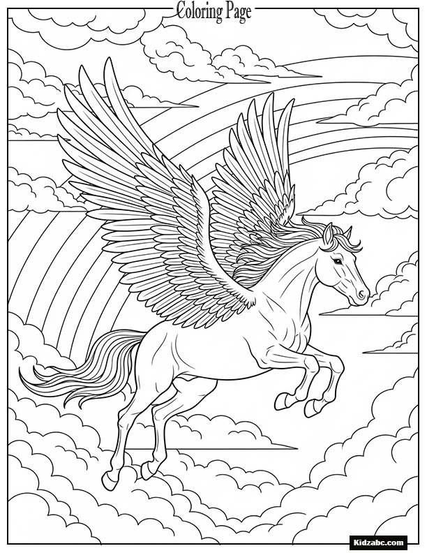 A pegasus soaring through rainbow clouds