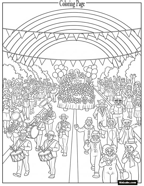 A rainbow arching over a festive parade