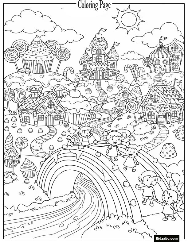 A rainbow bridge leading to a land of candy